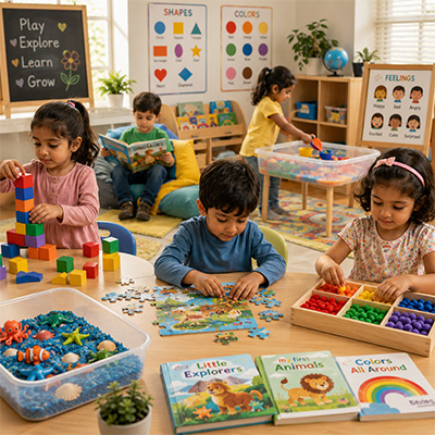 Children solving puzzles during a cognitive learning activity