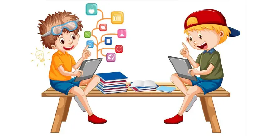 Illustration of children on a guided digital learning activity